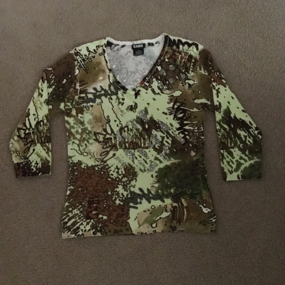 beaded brown and green V-neck pullover sweater